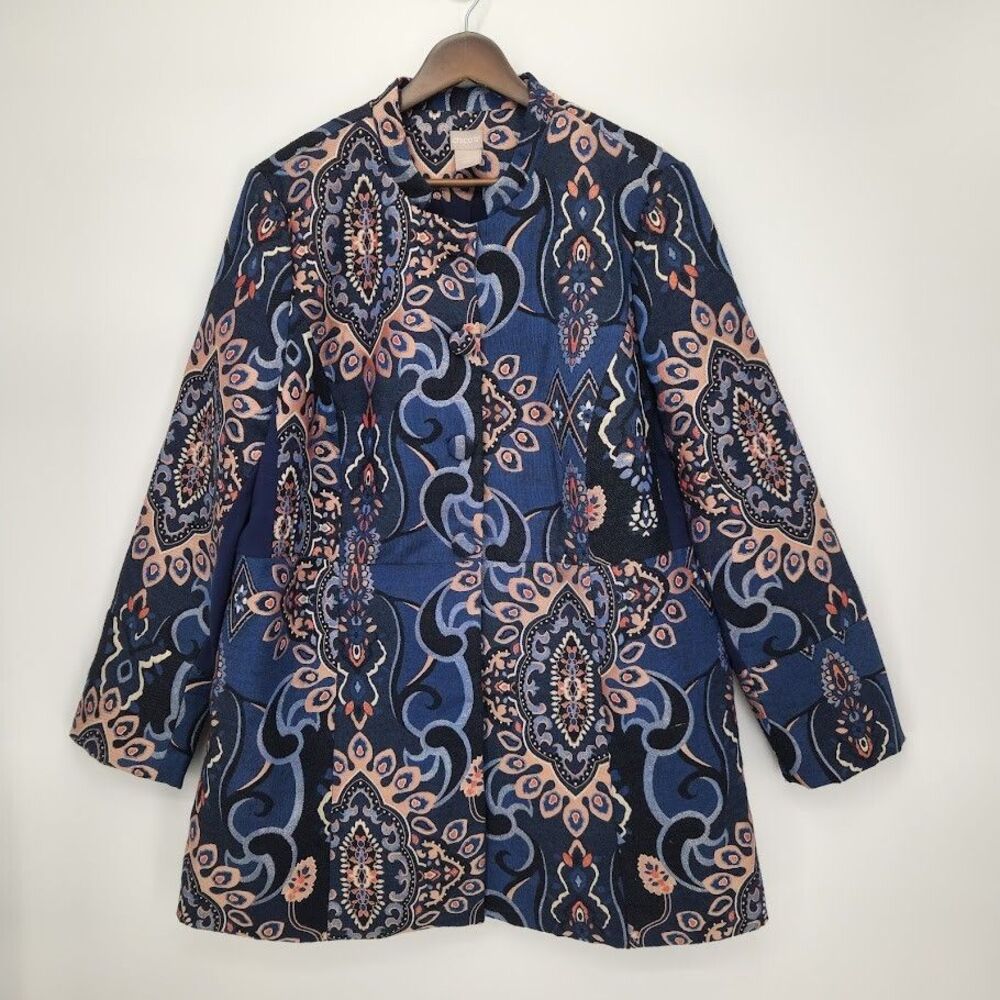 Chicos Womens Elegant Jacquard Jacket Snap Button Metallic Size 2 US 12/14